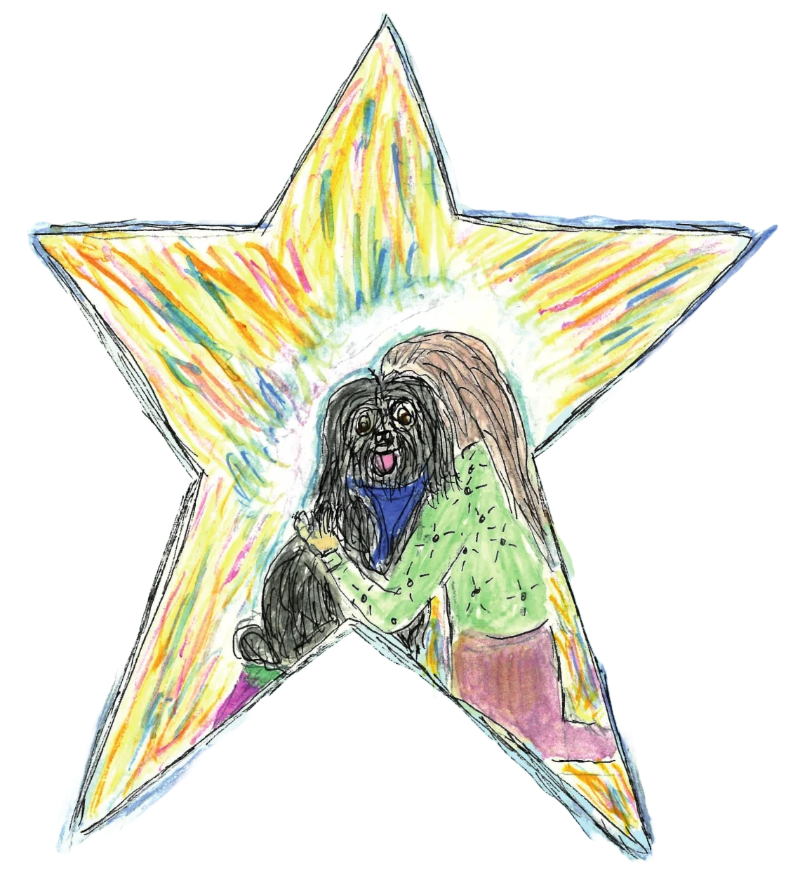 drawing of dog and owner hugging on a star